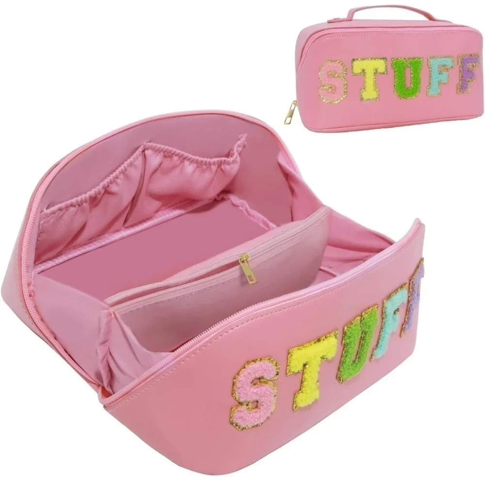 Lot of 2 Pink letter patch‎ chenille cosmetic and travel bag.